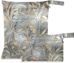 Silver Vintage Thorn Flowers washable wet clothes bag 2 Pack travel essentials for flying with handles for daycare, pool