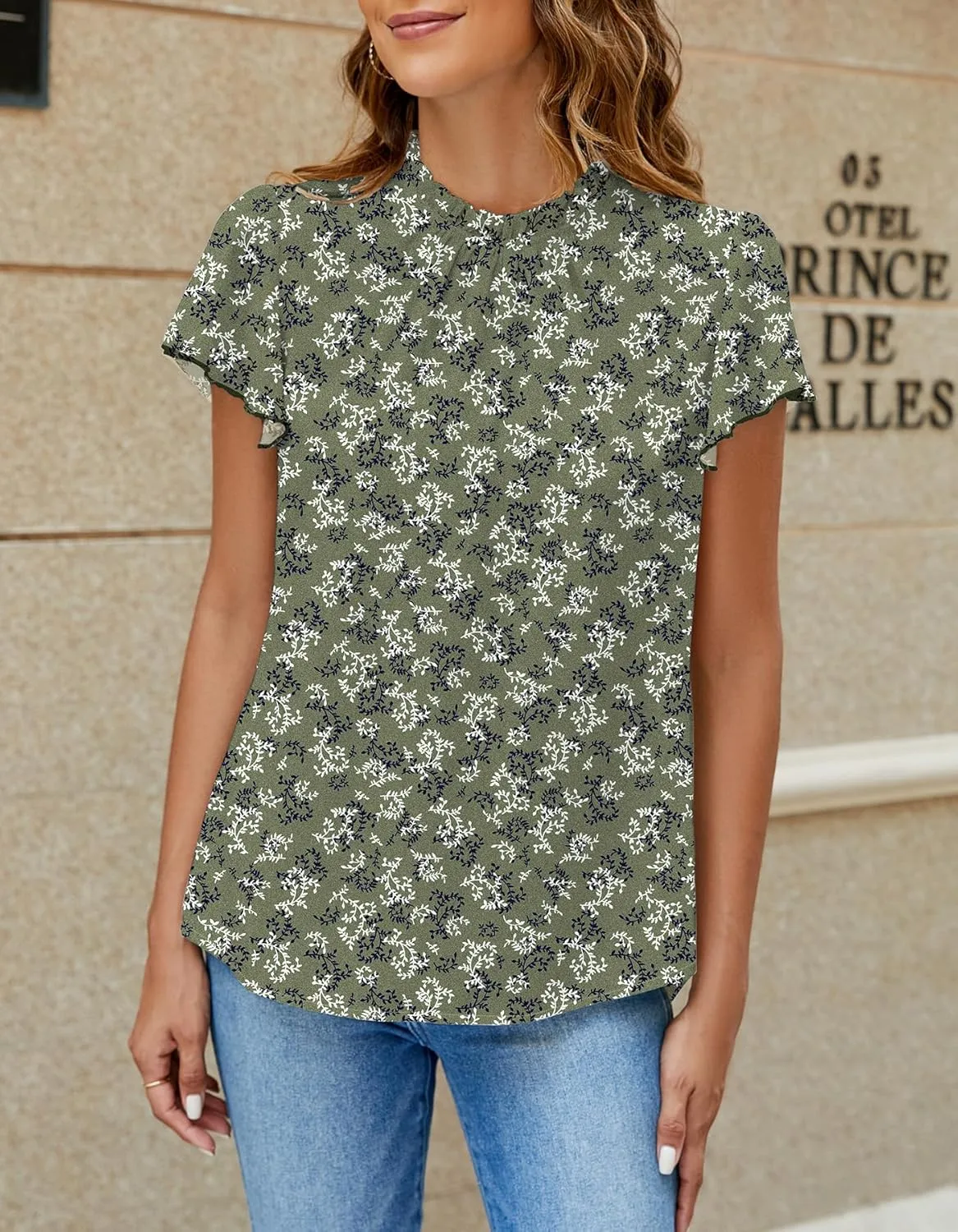 SimpleFun Women Boho Shirts Floral Ruffle Short Sleeve Mock Neck Flowy Casual Summer Blouses Tops