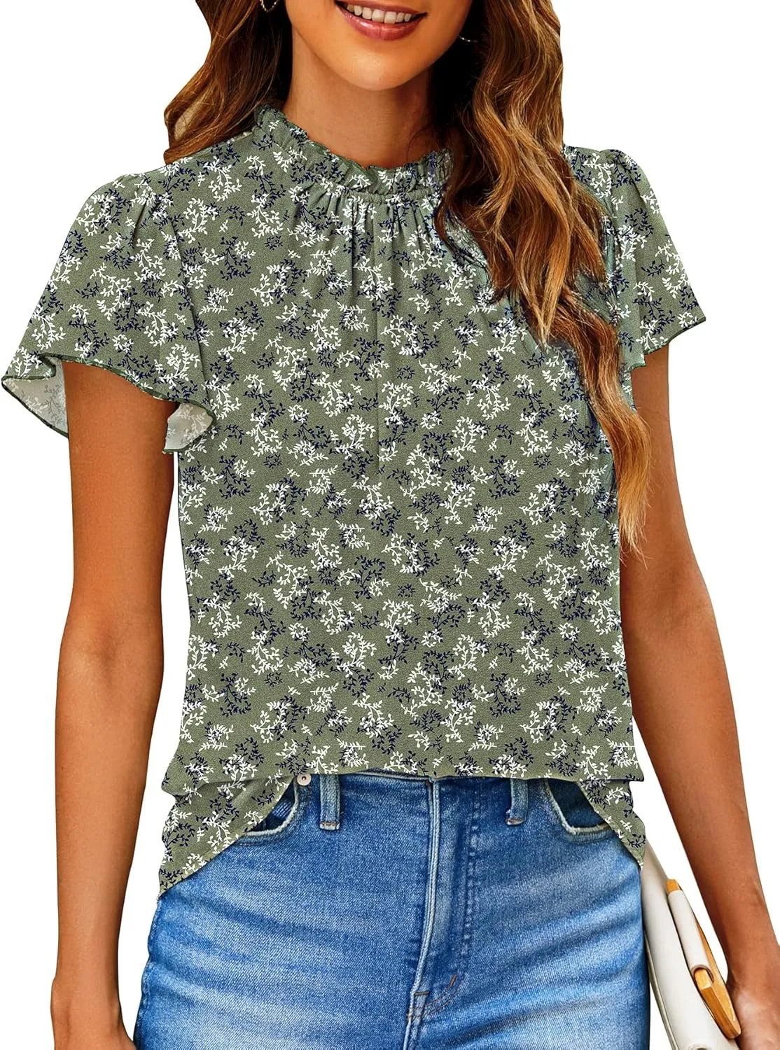 SimpleFun Women Boho Shirts Floral Ruffle Short Sleeve Mock Neck Flowy Casual Summer Blouses Tops
