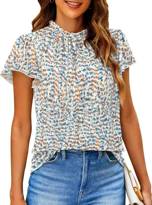 SimpleFun Women Boho Shirts Floral Ruffle Short Sleeve Mock Neck Flowy Casual Summer Blouses Tops