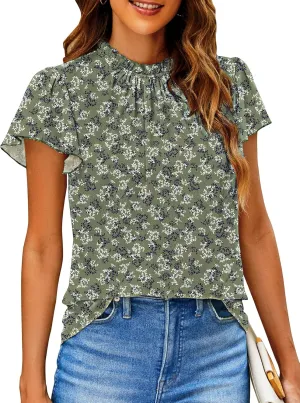 SimpleFun Women Boho Shirts Floral Ruffle Short Sleeve Mock Neck Flowy Casual Summer Blouses Tops