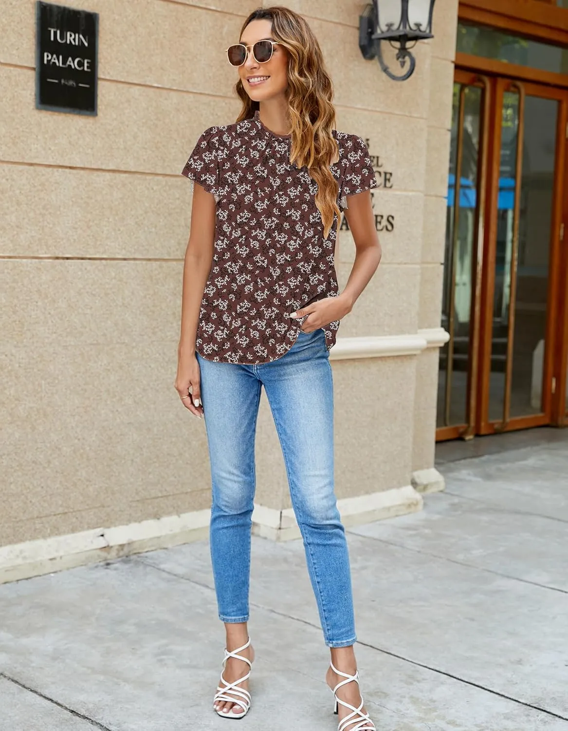 SimpleFun Women Boho Shirts Floral Ruffle Short Sleeve Mock Neck Flowy Casual Summer Blouses Tops