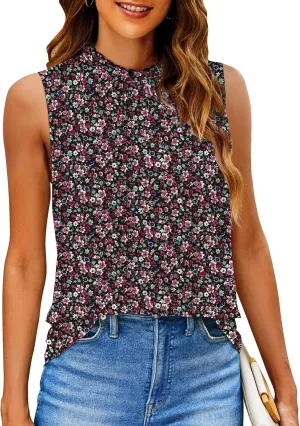 SimpleFun Womens Tank Tops Ruffle High Neck Pleated Summer Blouses Floral Sleeveless Shirt