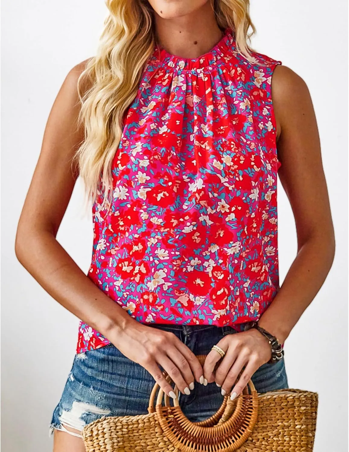 SimpleFun Womens Tank Tops Ruffle High Neck Pleated Summer Blouses Floral Sleeveless Shirt