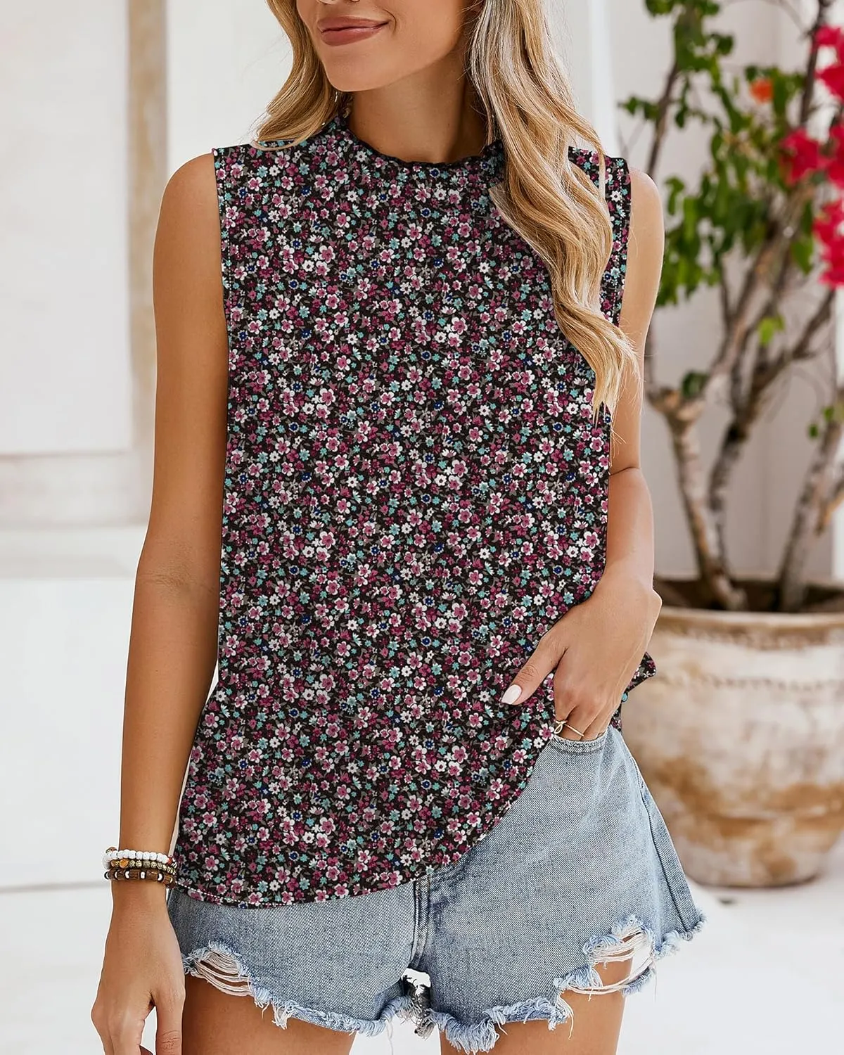 SimpleFun Womens Tank Tops Ruffle High Neck Pleated Summer Blouses Floral Sleeveless Shirt