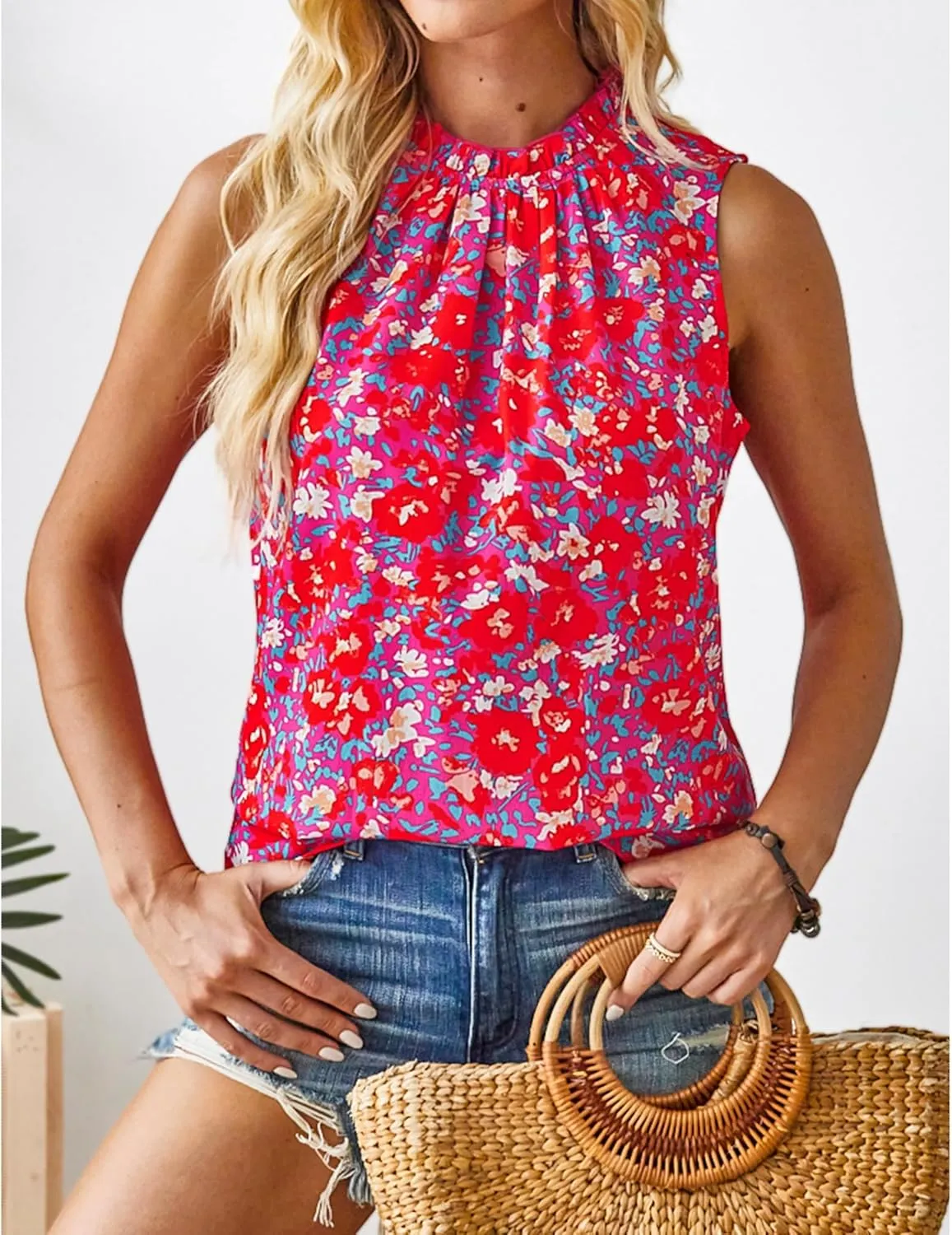 SimpleFun Womens Tank Tops Ruffle High Neck Pleated Summer Blouses Floral Sleeveless Shirt