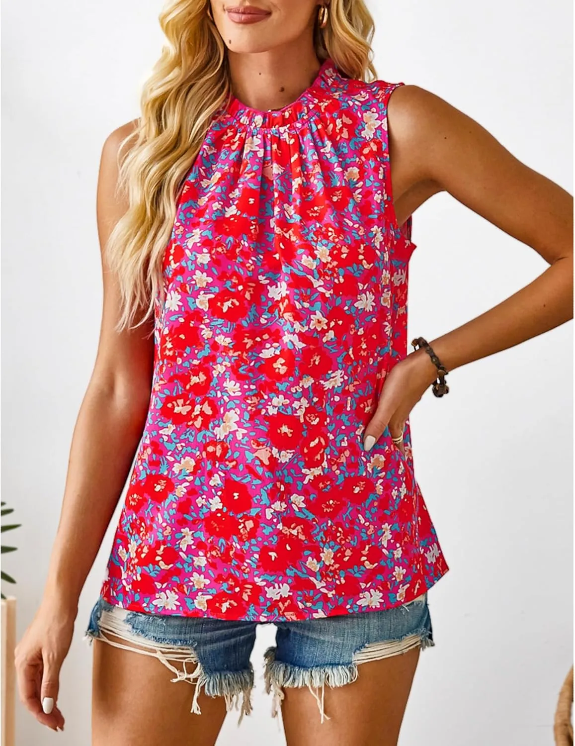 SimpleFun Womens Tank Tops Ruffle High Neck Pleated Summer Blouses Floral Sleeveless Shirt