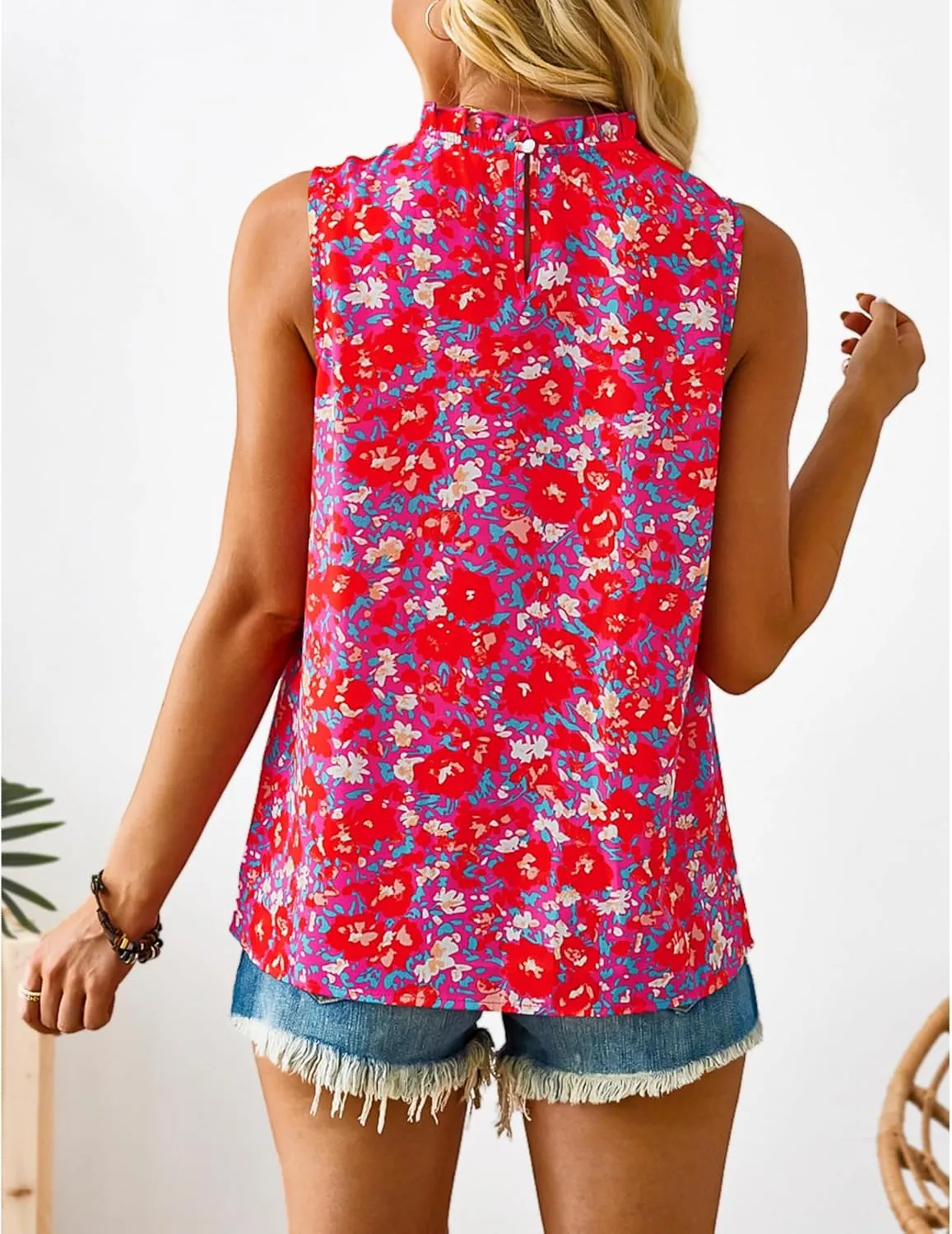 SimpleFun Womens Tank Tops Ruffle High Neck Pleated Summer Blouses Floral Sleeveless Shirt
