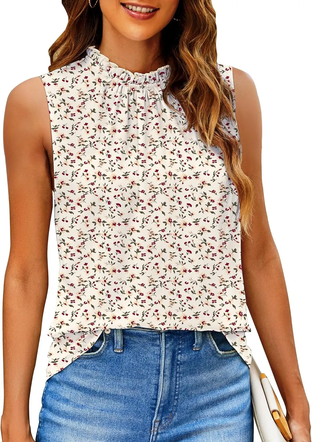 SimpleFun Womens Tank Tops Ruffle High Neck Pleated Summer Blouses Floral Sleeveless Shirt