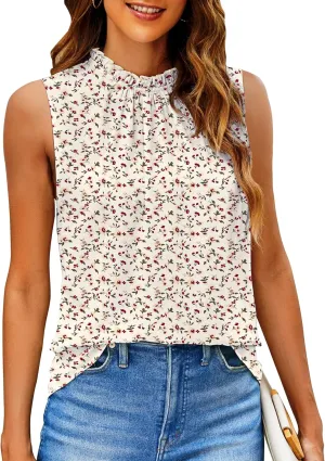 SimpleFun Womens Tank Tops Ruffle High Neck Pleated Summer Blouses Floral Sleeveless Shirt