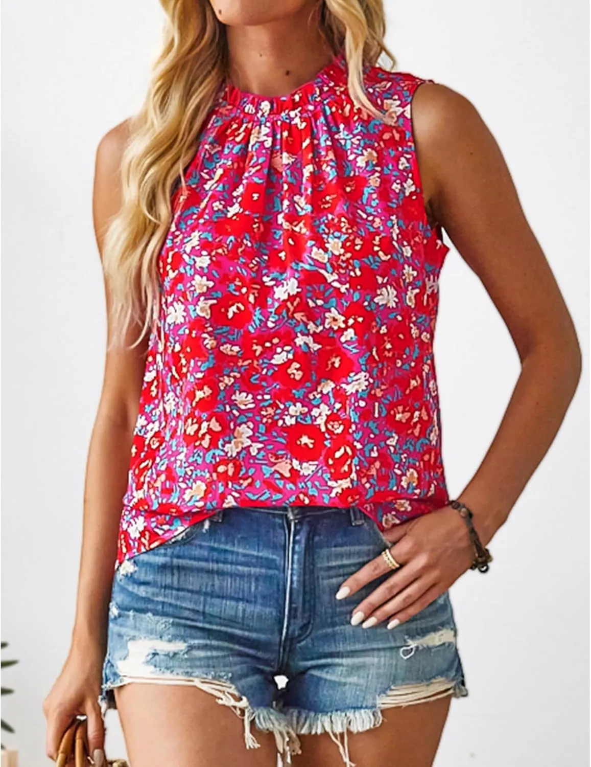 SimpleFun Womens Tank Tops Ruffle High Neck Pleated Summer Blouses Floral Sleeveless Shirt