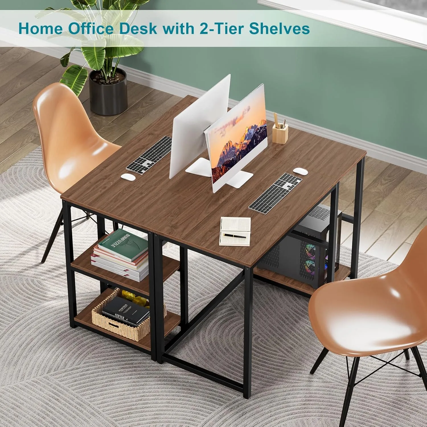 SINPAID Computer Desk 40 inch with 2 Shelves, Sturdy Home Office Desk with Large Storage Space, Modern Gaming Desk, Study Writing Laptop Desk(Brown,40 inch)