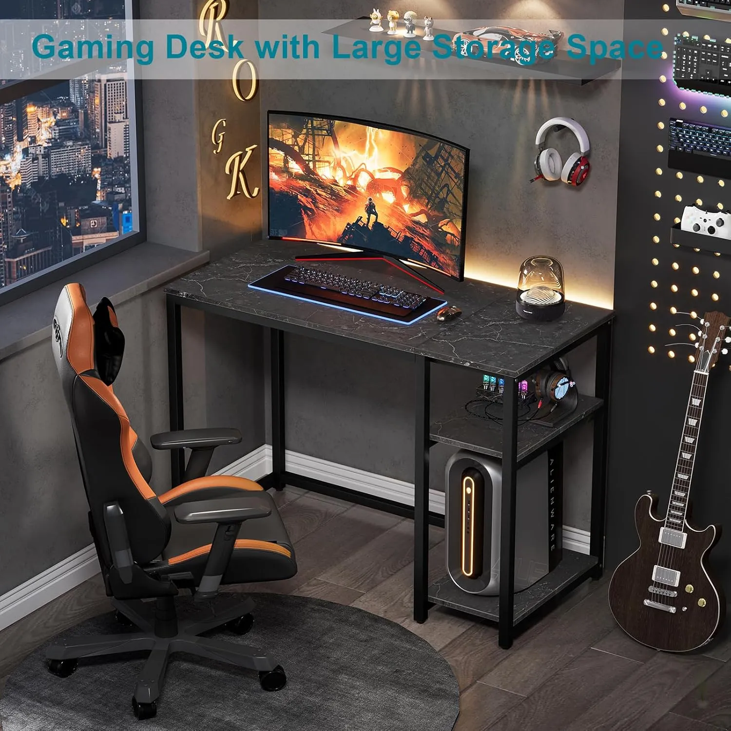 SINPAID Computer Desk 40 inches with 2-Tier Shelves Sturdy Home Office Desk with Large Storage Space Modern Gaming Desk Study Writing Laptop Table, Black Marbling (Black Marbling, 40)