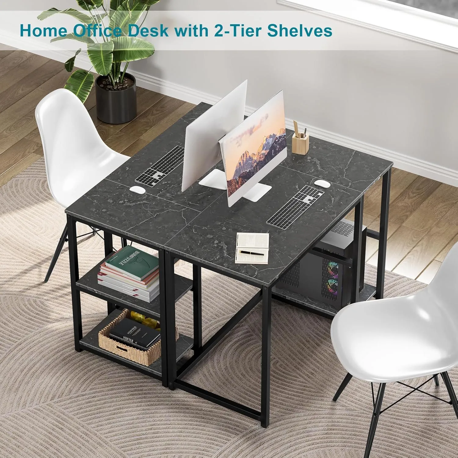 SINPAID Computer Desk 40 inches with 2-Tier Shelves Sturdy Home Office Desk with Large Storage Space Modern Gaming Desk Study Writing Laptop Table, Black Marbling (Black Marbling, 40)