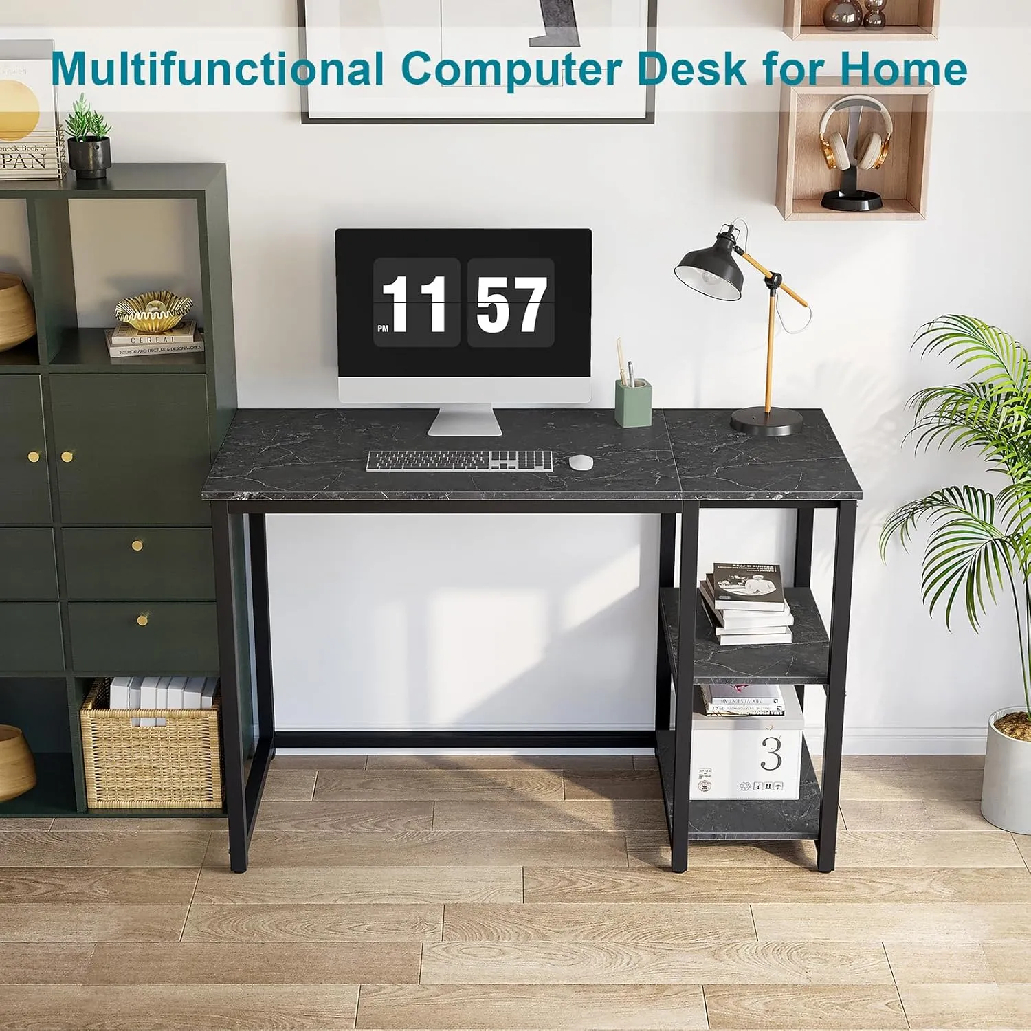 SINPAID Computer Desk 40 inches with 2-Tier Shelves Sturdy Home Office Desk with Large Storage Space Modern Gaming Desk Study Writing Laptop Table, Black Marbling (Black Marbling, 40)