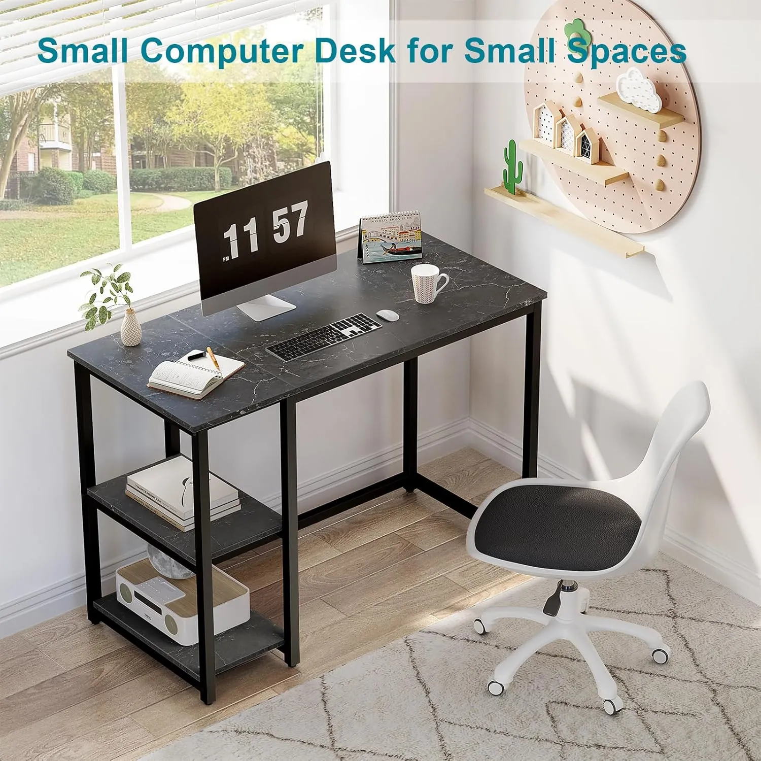 SINPAID Computer Desk 40 inches with 2-Tier Shelves Sturdy Home Office Desk with Large Storage Space Modern Gaming Desk Study Writing Laptop Table, Black Marbling (Black Marbling, 40)
