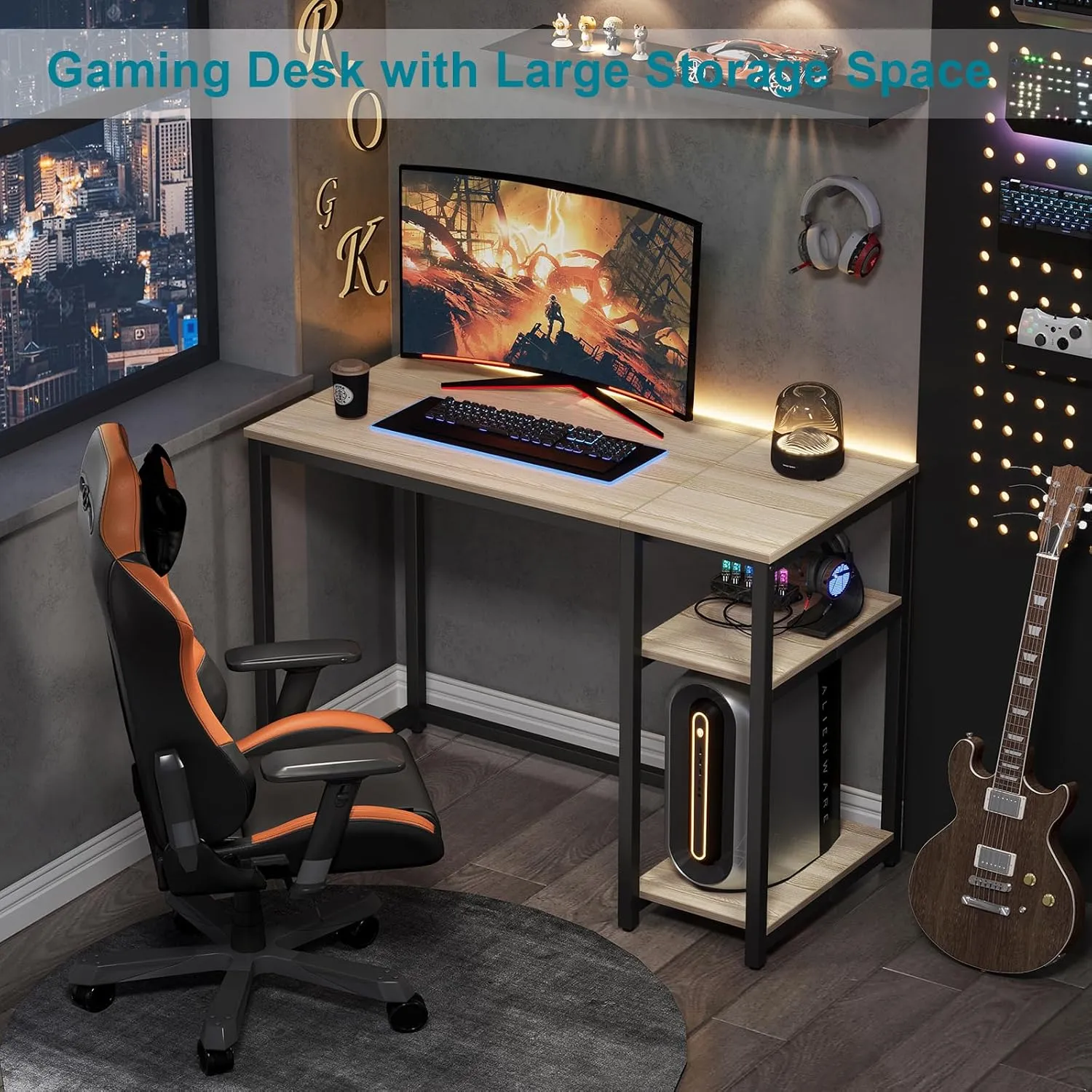 SINPAID Computer Desk 40 inches with 2-Tier Shelves Sturdy Home Office Desk with Large Storage Space Modern Gaming Desk Study Writing Laptop Table, Oak