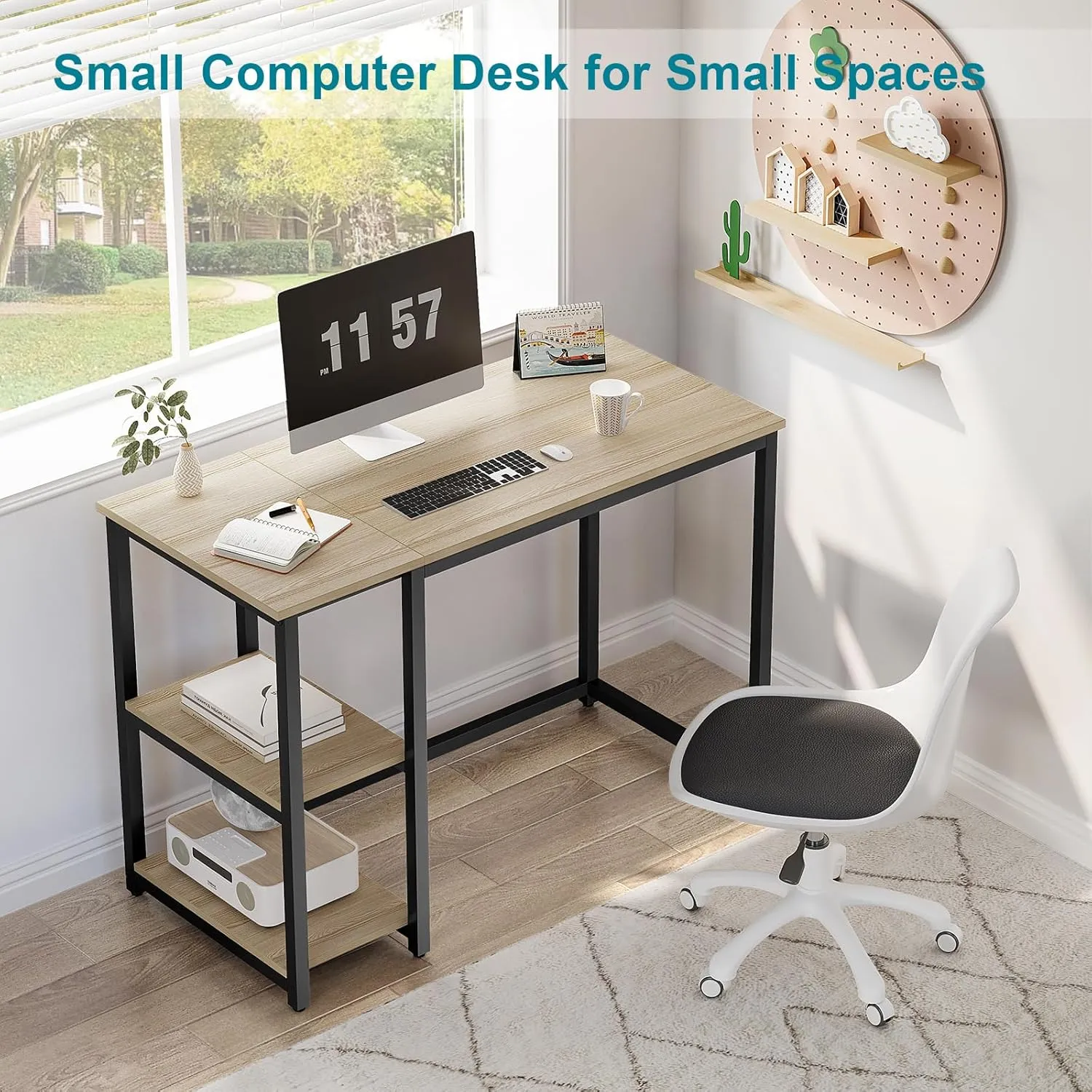 SINPAID Computer Desk 40 inches with 2-Tier Shelves Sturdy Home Office Desk with Large Storage Space Modern Gaming Desk Study Writing Laptop Table, Oak