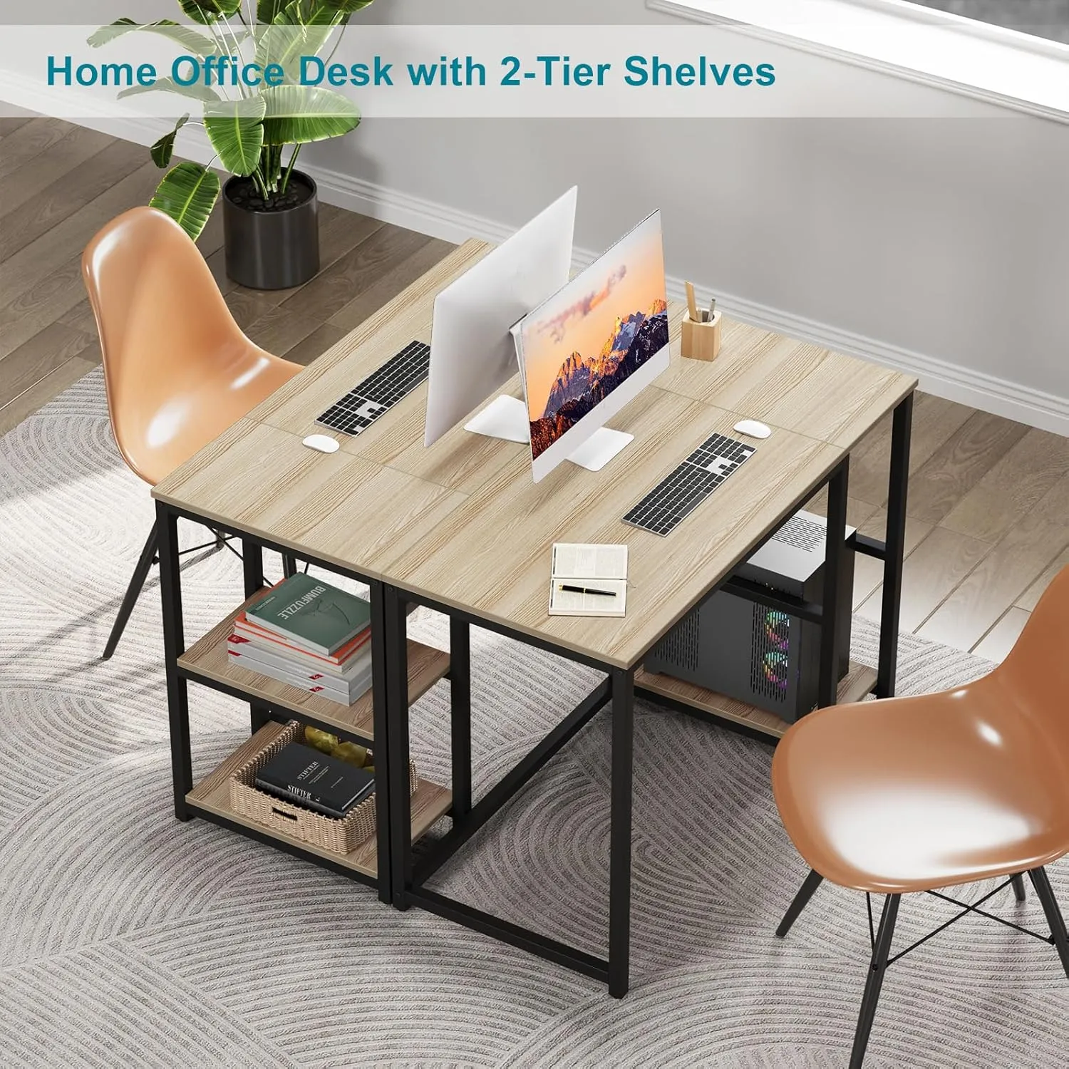 SINPAID Computer Desk 40 inches with 2-Tier Shelves Sturdy Home Office Desk with Large Storage Space Modern Gaming Desk Study Writing Laptop Table, Oak