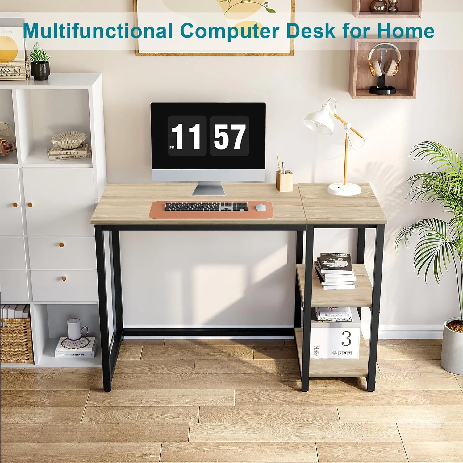 SINPAID Computer Desk 40 inches with 2-Tier Shelves Sturdy Home Office Desk with Large Storage Space Modern Gaming Desk Study Writing Laptop Table, Oak