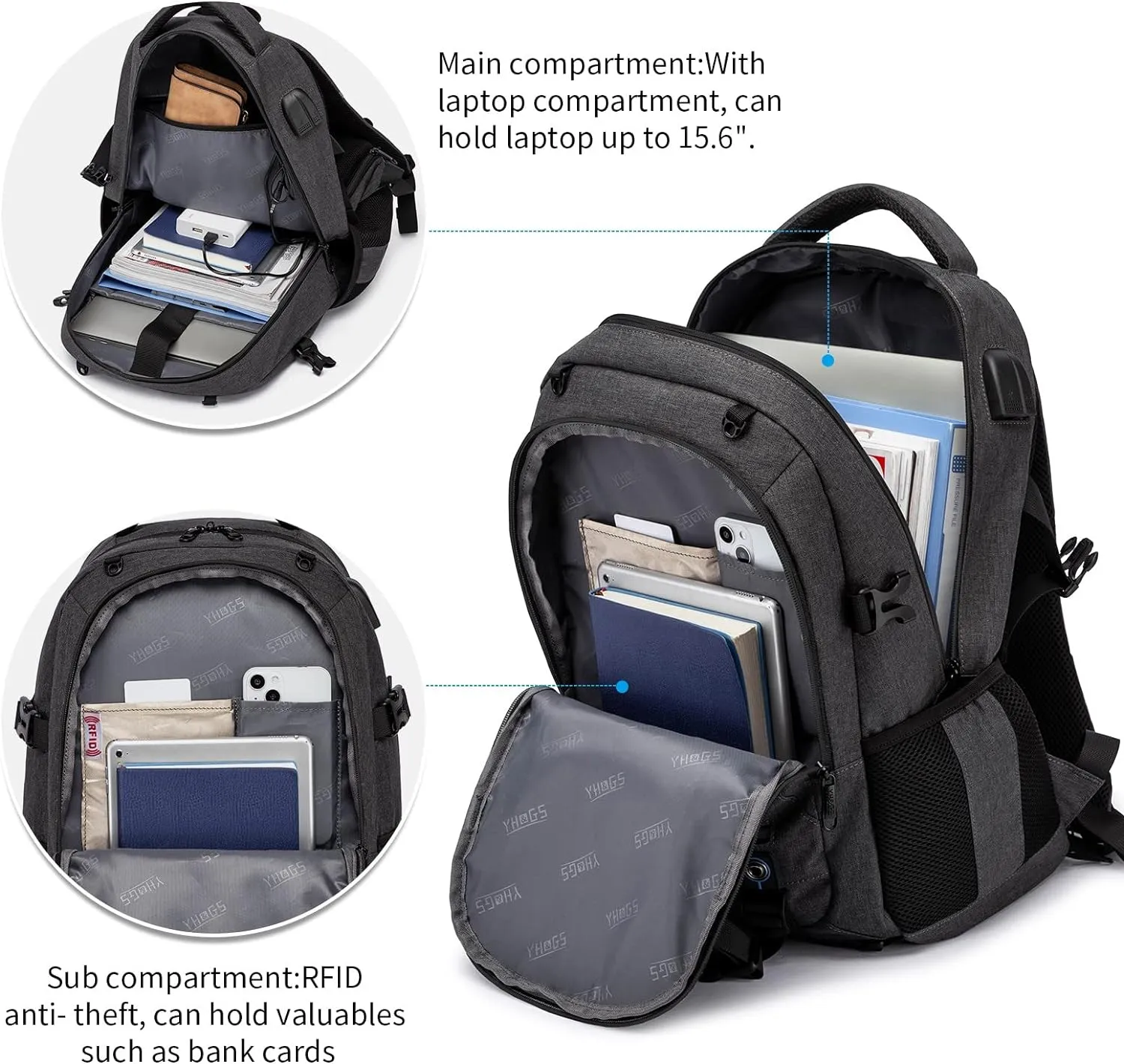 Skateboard Backpack, Laptop Backpack with USB Charging Port, RFID Anti-Theft Lock, Waterproof Fabric, Fits up to 15.6 Inch Laptop, for Business Travel Men(Dark Grey)