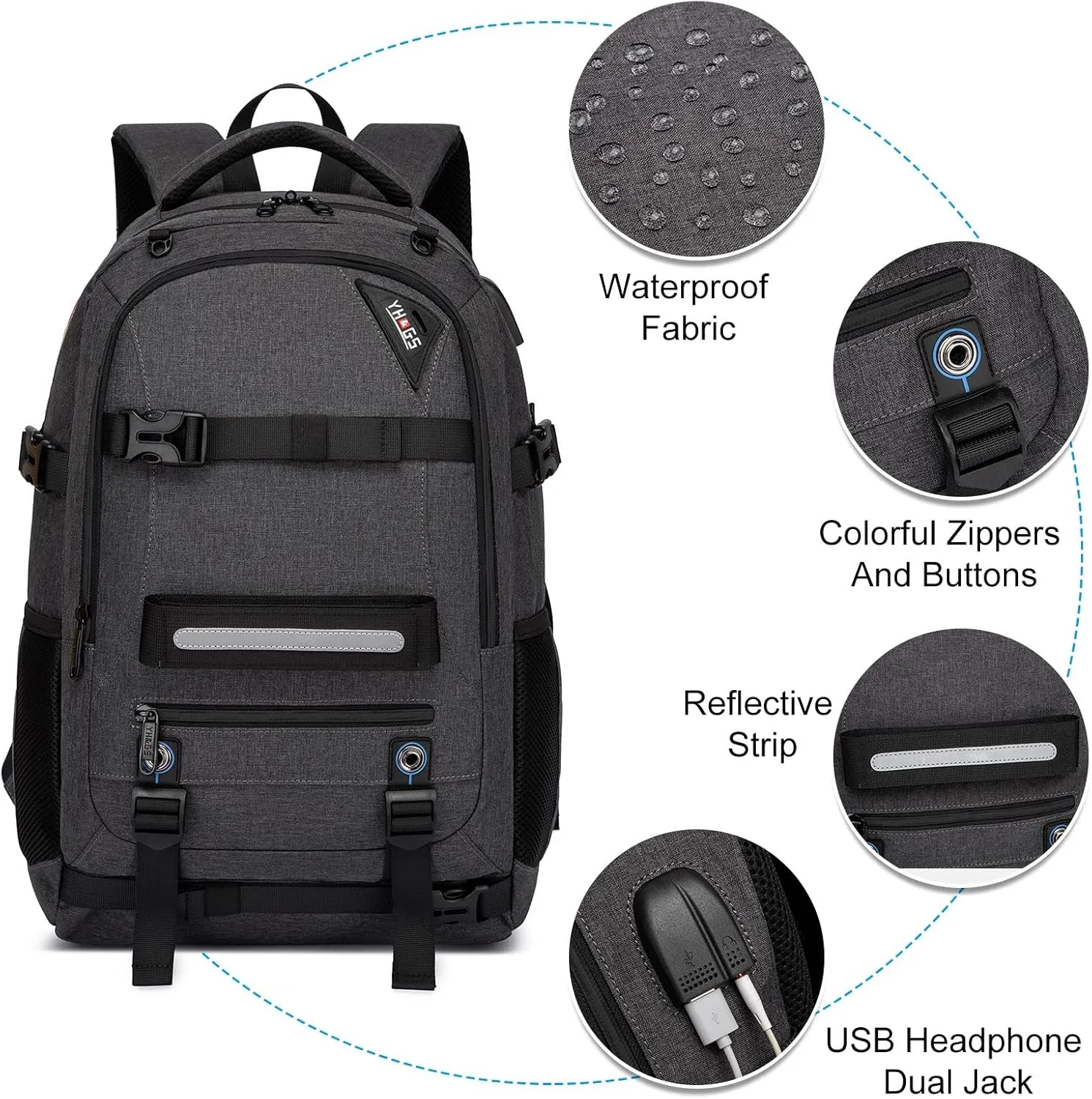 Skateboard Backpack, Laptop Backpack with USB Charging Port, RFID Anti-Theft Lock, Waterproof Fabric, Fits up to 15.6 Inch Laptop, for Business Travel Men(Dark Grey)