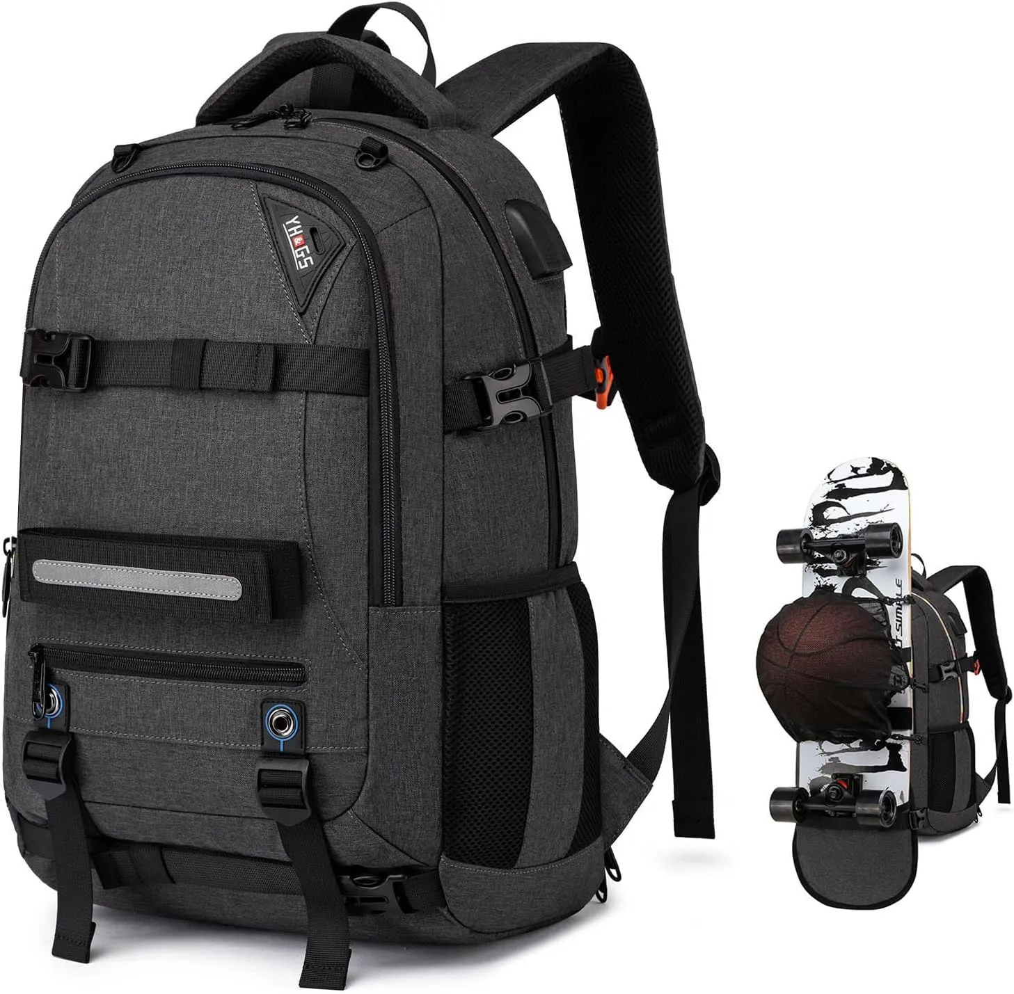 Skateboard Backpack, Laptop Backpack with USB Charging Port, RFID Anti-Theft Lock, Waterproof Fabric, Fits up to 15.6 Inch Laptop, for Business Travel Men(Dark Grey)
