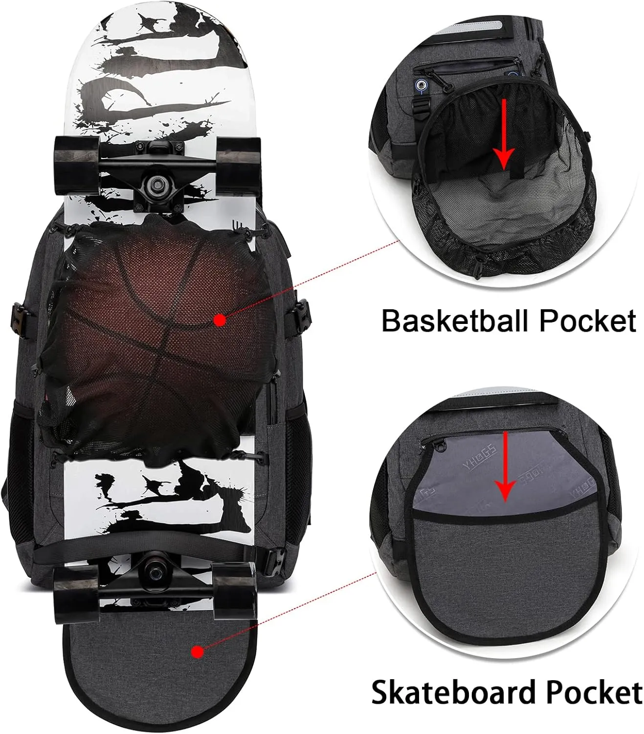 Skateboard Backpack, Laptop Backpack with USB Charging Port, RFID Anti-Theft Lock, Waterproof Fabric, Fits up to 15.6 Inch Laptop, for Business Travel Men(Dark Grey)