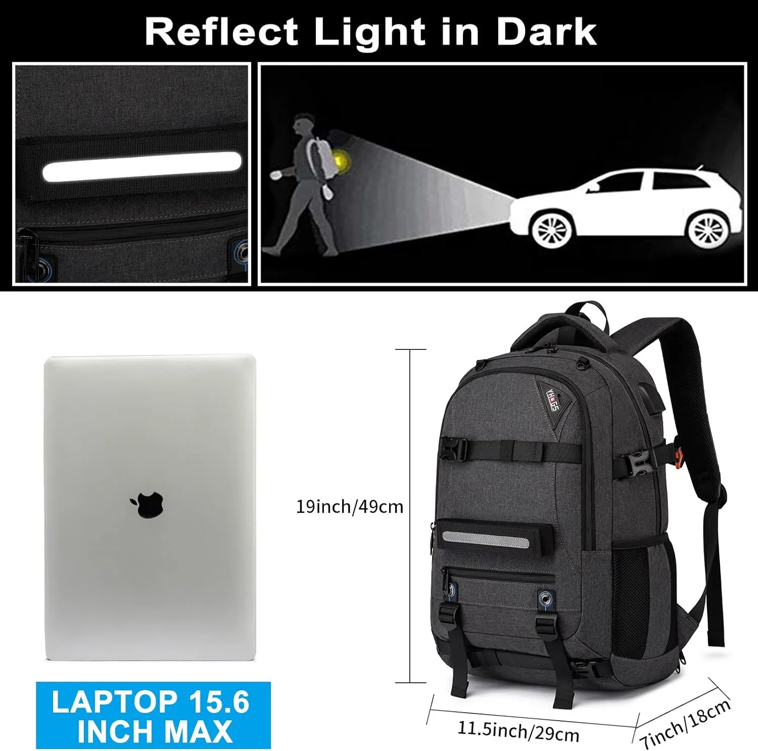 Skateboard Backpack, Laptop Backpack with USB Charging Port, RFID Anti-Theft Lock, Waterproof Fabric, Fits up to 15.6 Inch Laptop, for Business Travel Men(Dark Grey)