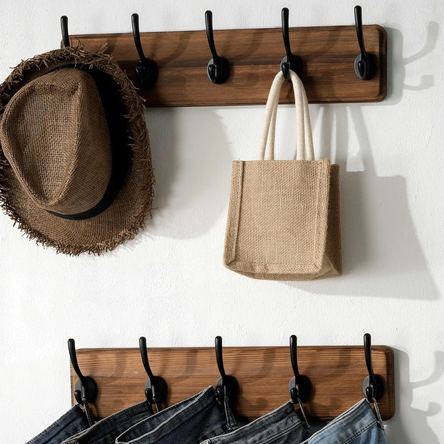 SKOLOO Rustic Wall Mounted Coat Rack with 16 Inch Mounting Hole Distance, Pine Solid Wood Coat Hook Hanger - 5 Hooks for Hanging Clothes Robes Towels Coats