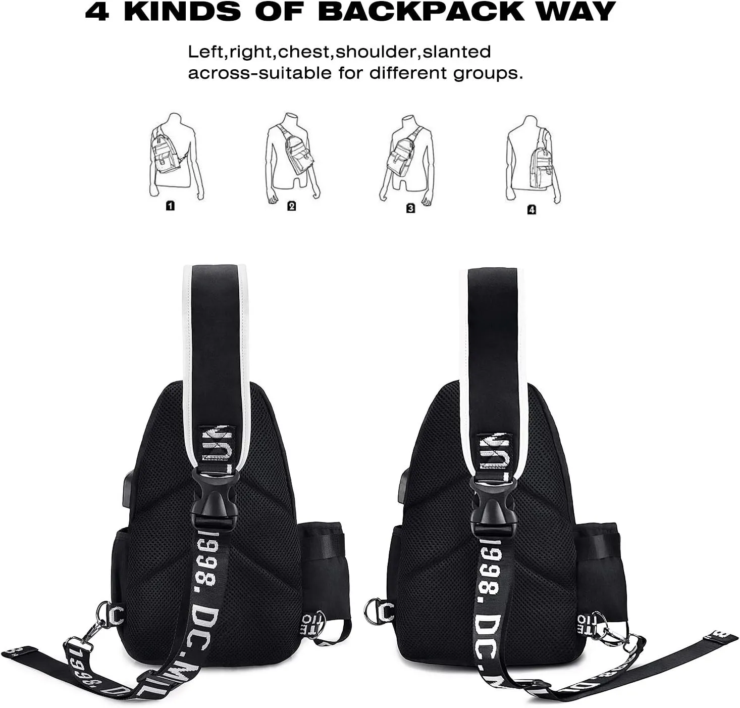 Sling Bag for Boys with USB, Small Chest Pack with Side Pocket, Travel Shoulder Backpack