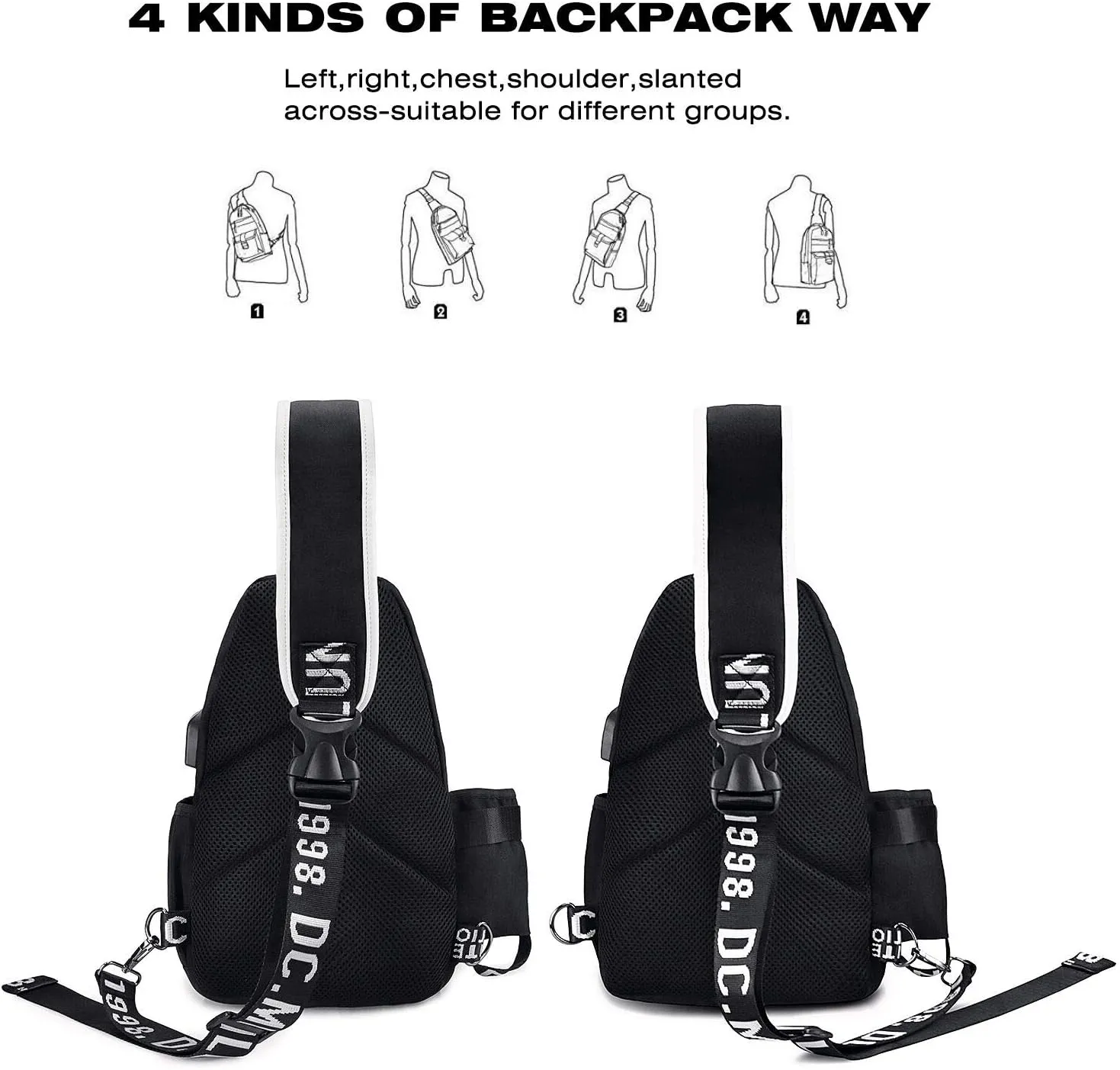 Sling Bag for Boys with USB, Small Chest Pack with Side Pocket, Travel Shoulder Backpack