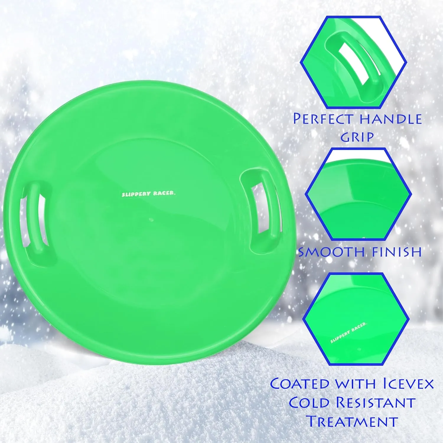 Slippery Racer Heavy-Duty Cold Resistant Downhill Pro Plastic Outdoor Winter Saucer Disc Snow Sled with Handles.