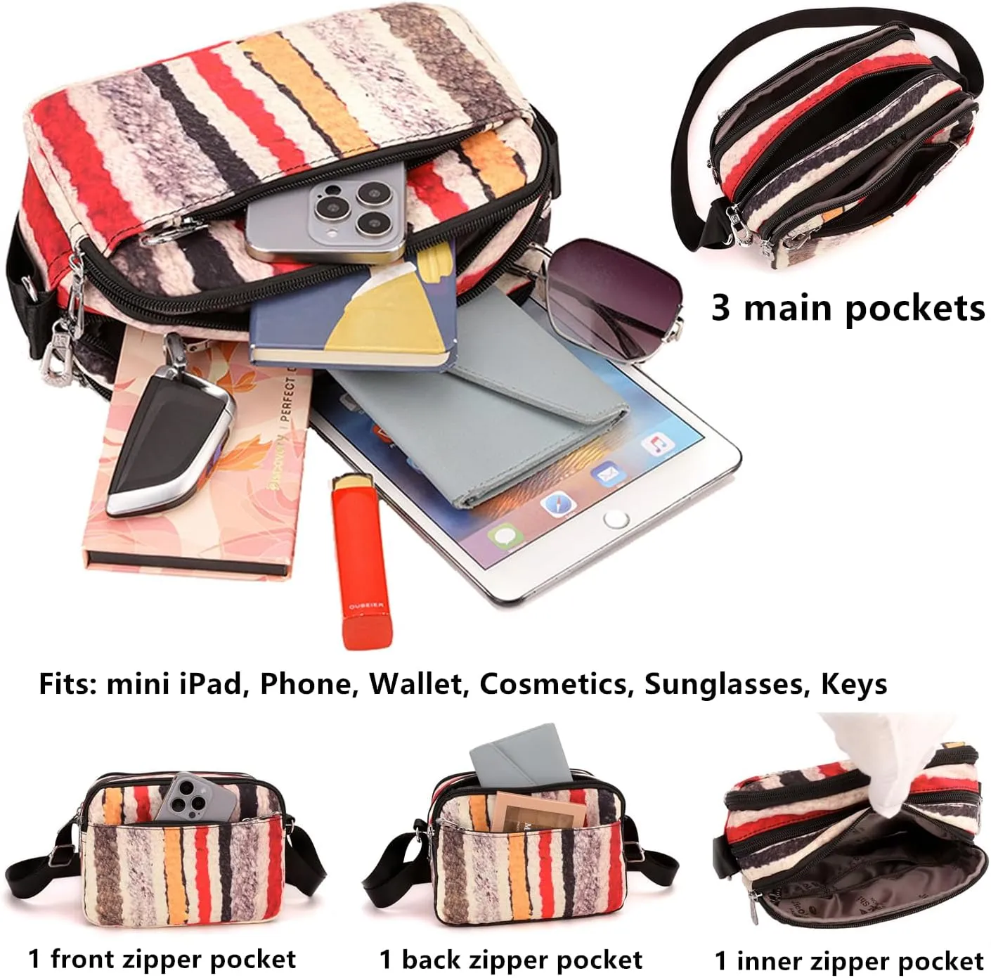 Small Crossbody Bags for Women 6 Zipper Pockets Shoulder Bag Waterproof Nylon Travel Handbag Purses