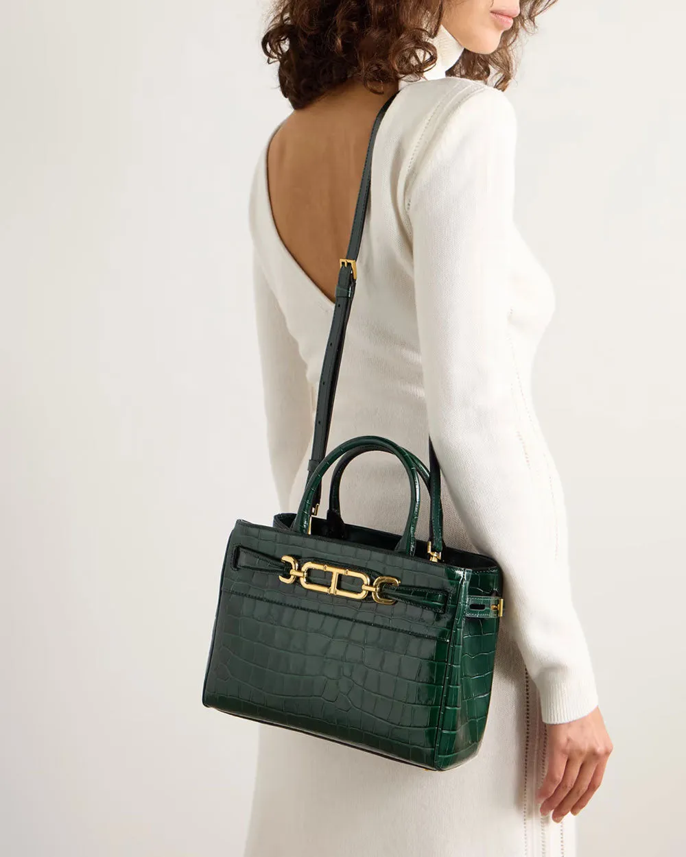 Small Printed Crocodile Leather Whitney Top Handle Bag in Emerald