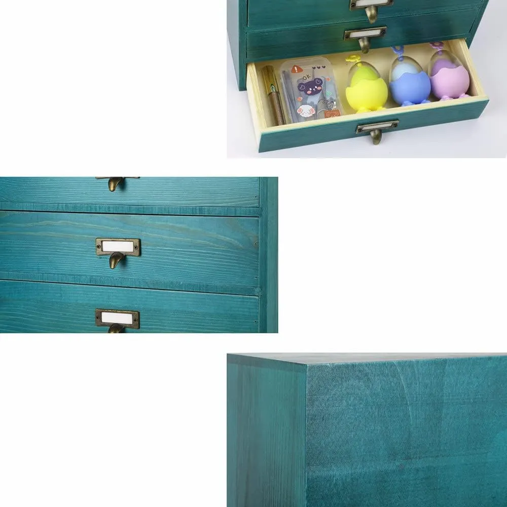 Small Wooden Drawers Rustic Desk Organizers and Accessories Wooden Storage Box with Drawers Desktop Storage Library Card Catalog Cabinet School Supply Storage Apothecary Cabinet(S-BLUE)