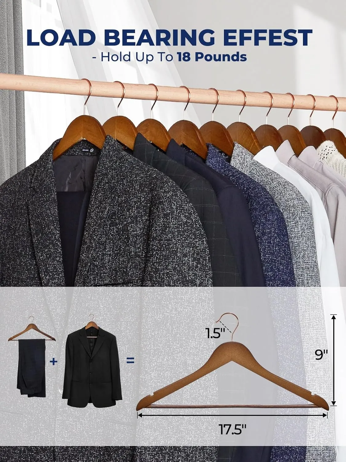 Smartor Wooden Hangers 20 Pack, Solid Wood Coat Hanger for Closet, Heavy Duty Wood Hangers for Suits, Shirts, Dresses, with 360° Rose Gold Hook, Non Slip Pant Bar, Walnut