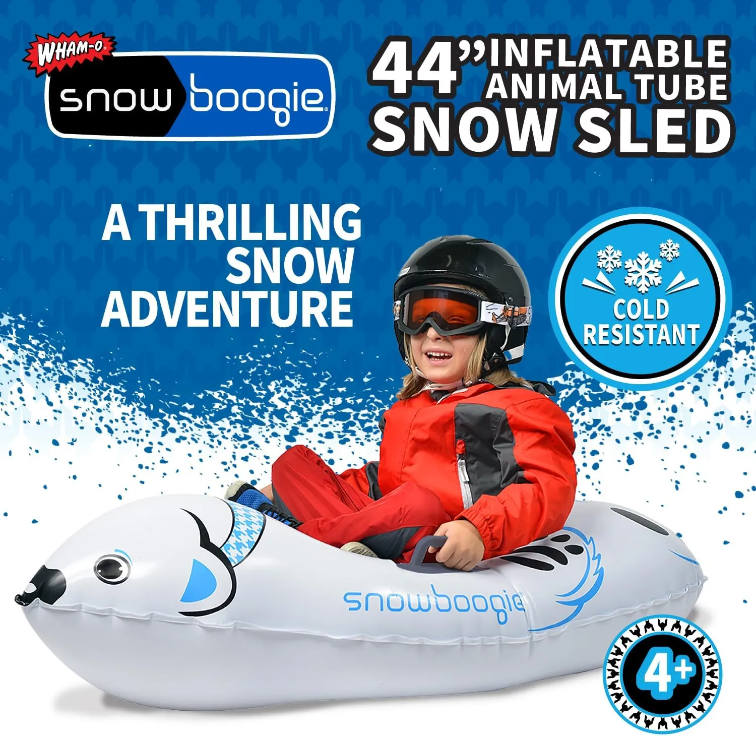 Snowboogie 44" Inflatable Animal Tube Sled | Single Rider Snow Sleds | Inflatable Sled with Soft Handles | Slick Bottom for Speed & Control | Snow Sledding for Children