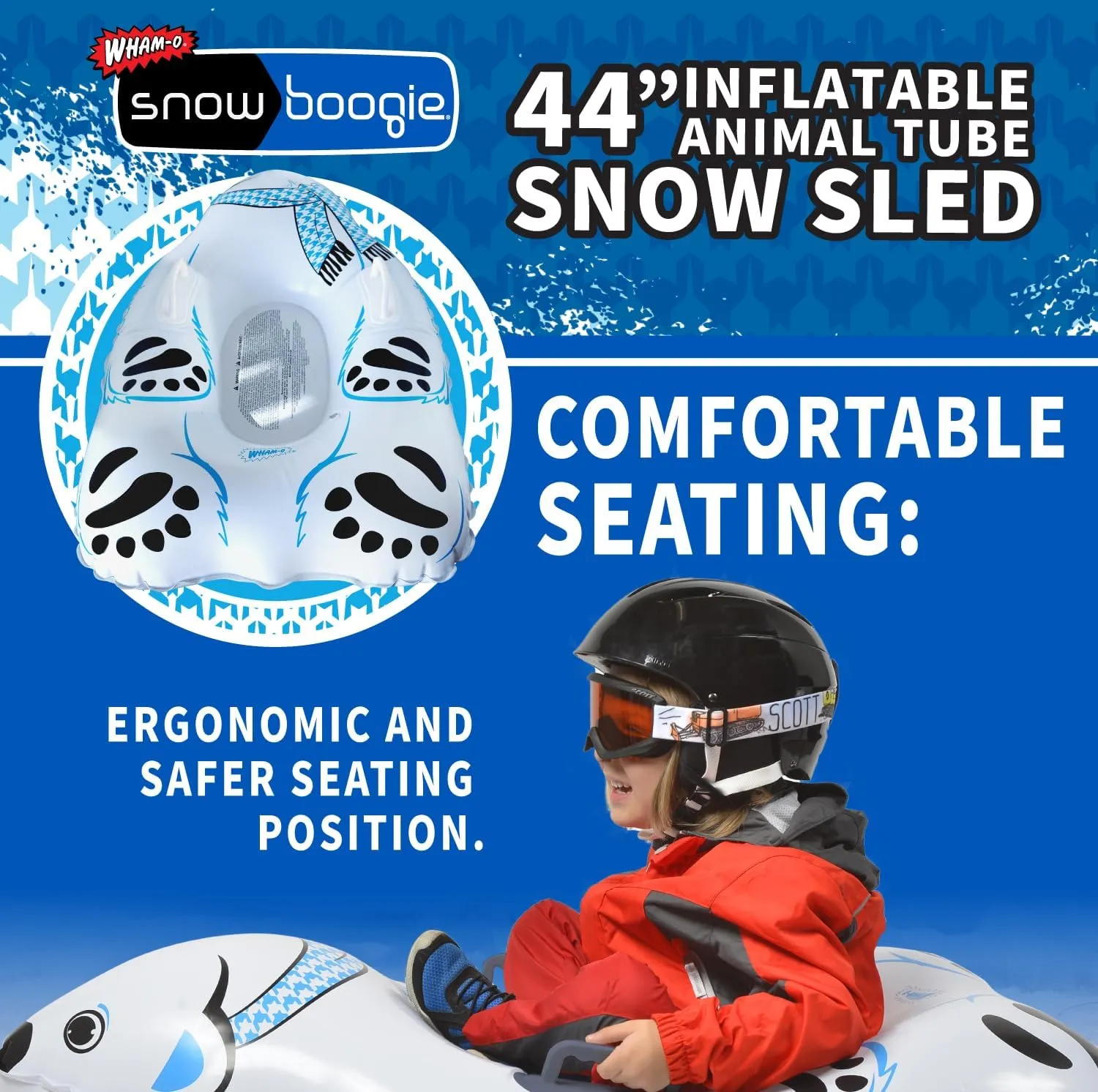 Snowboogie 44" Inflatable Animal Tube Sled | Single Rider Snow Sleds | Inflatable Sled with Soft Handles | Slick Bottom for Speed & Control | Snow Sledding for Children