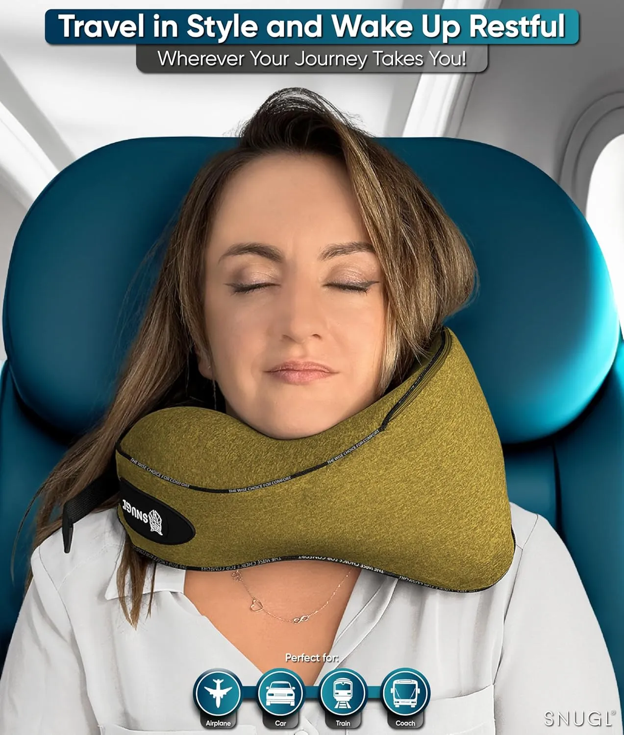 SNUGL Neck Travel Pillow - Memory Foam Airplane Pillow - Flight Pillow | Neck Support Travel Pillow with Carry Bag & Clip | Neck Pillows for Sleeping Travel Plane | Flying Travel Essentials - D.Yellow