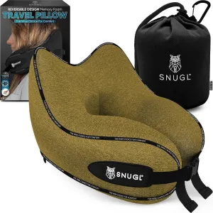 SNUGL Neck Travel Pillow - Memory Foam Airplane Pillow - Flight Pillow | Neck Support Travel Pillow with Carry Bag & Clip | Neck Pillows for Sleeping Travel Plane | Flying Travel Essentials - D.Yellow