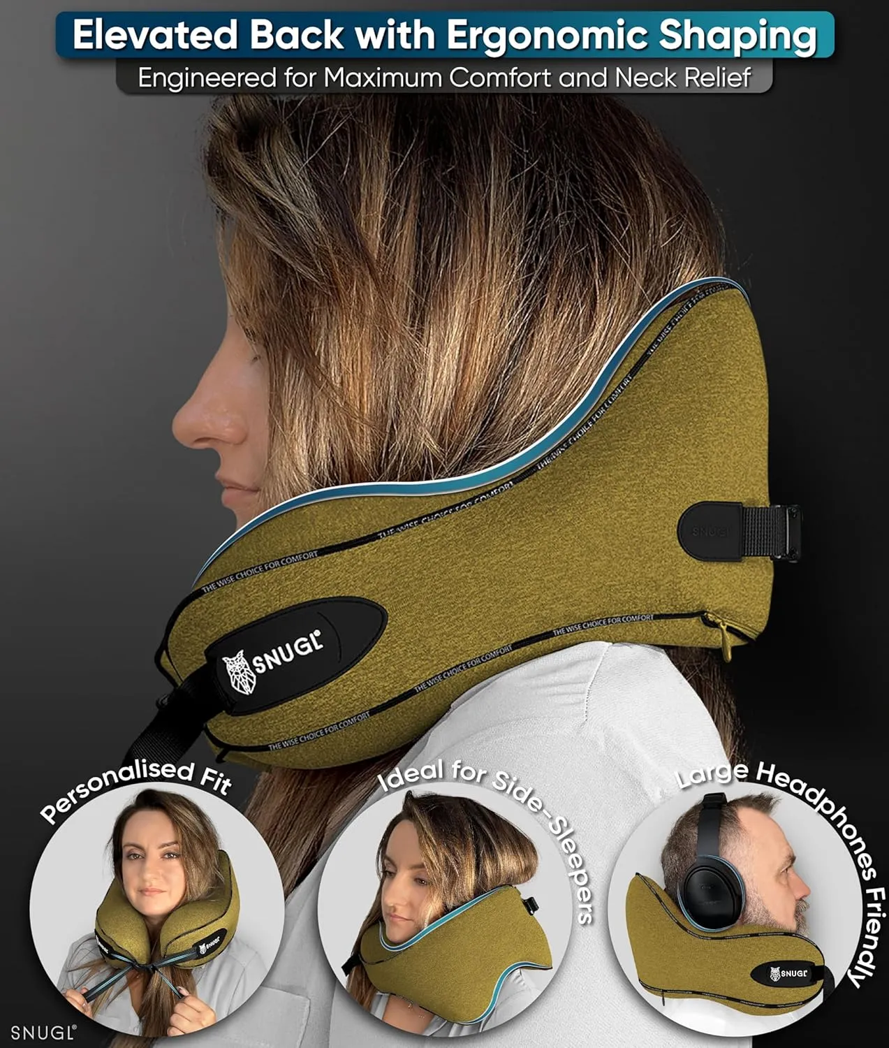 SNUGL Neck Travel Pillow - Memory Foam Airplane Pillow - Flight Pillow | Neck Support Travel Pillow with Carry Bag & Clip | Neck Pillows for Sleeping Travel Plane | Flying Travel Essentials - D.Yellow