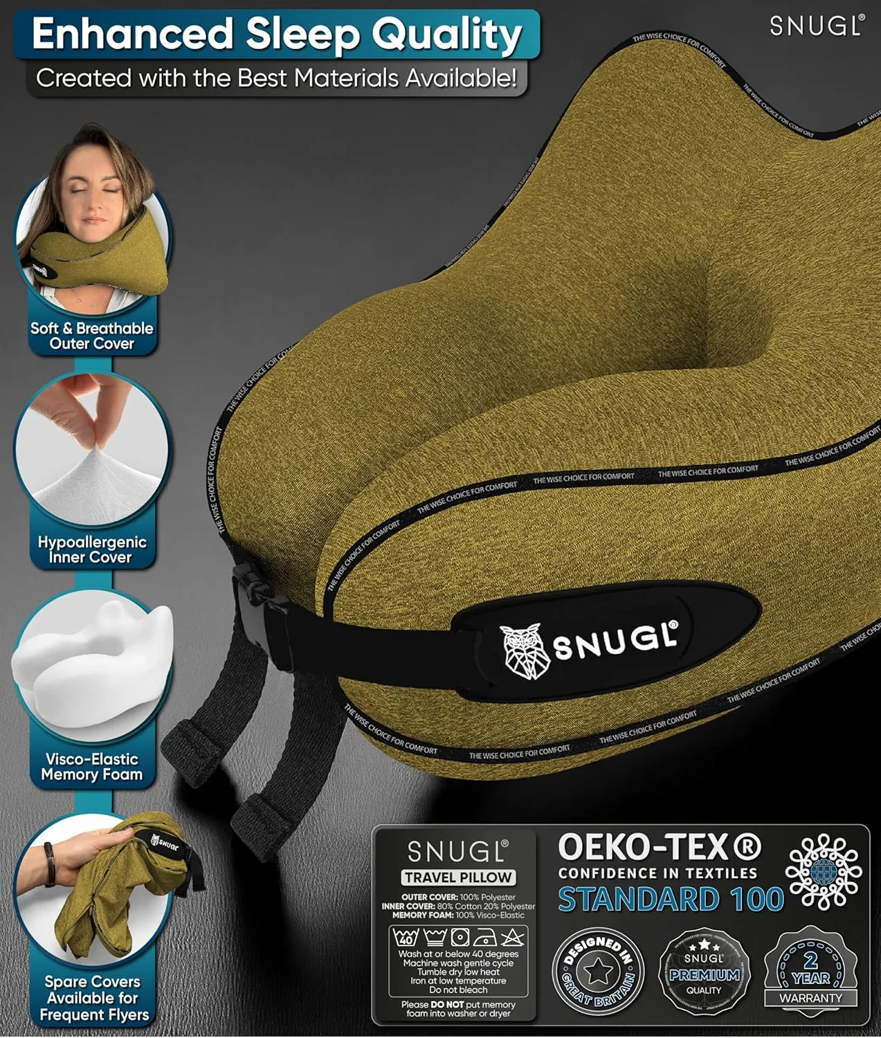 SNUGL Neck Travel Pillow - Memory Foam Airplane Pillow - Flight Pillow | Neck Support Travel Pillow with Carry Bag & Clip | Neck Pillows for Sleeping Travel Plane | Flying Travel Essentials - D.Yellow