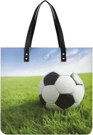 Soccer Ball On Grassy Handbag Leather Tote Shoulder Bag Satchel Handbag with Top Handles Large Casual Handbags with Shoulder Work Bag for Women Travel Purse Dating Gift
