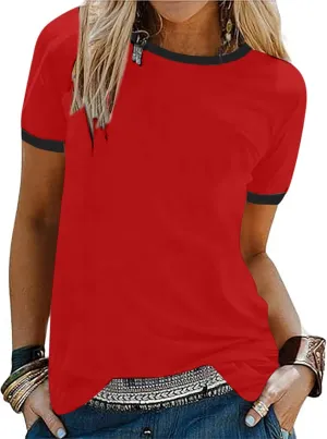 SOFIA'S CHOICE Ringer Tee Women Crew Neck Color Block Basic Summer Casual Short Sleeve T Shirt