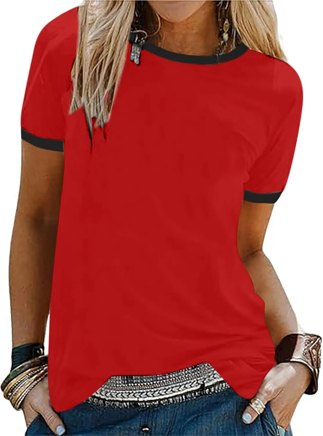 SOFIA'S CHOICE Ringer Tee Women Crew Neck Color Block Basic Summer Casual Short Sleeve T Shirt