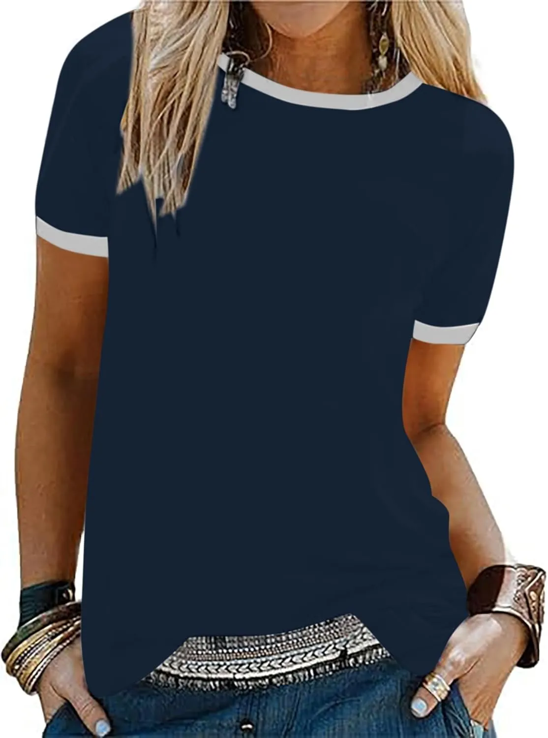 SOFIA'S CHOICE Ringer Tee Women Crew Neck Color Block Basic Summer Casual Short Sleeve T Shirt