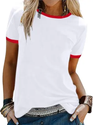 SOFIA'S CHOICE Ringer Tee Women Crew Neck Color Block Basic Summer Casual Short Sleeve T Shirt