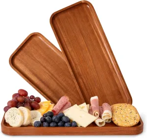 Solid Acacia Wood Serving Trays (14 x 5.5 inches) Rectangular Wooden Large Serving Platters for Food, Wooden Platter for Charcuterie, Appetizer Serving Tray, Wood Cheese Board (Set of 3 Plates)