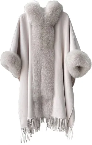 SOMTHRON Women's Faux Fur Trim Shawl Wrap Poncho Cape Coat Open Front Winter Fringe Hooded Knitted Sweater Cardigan